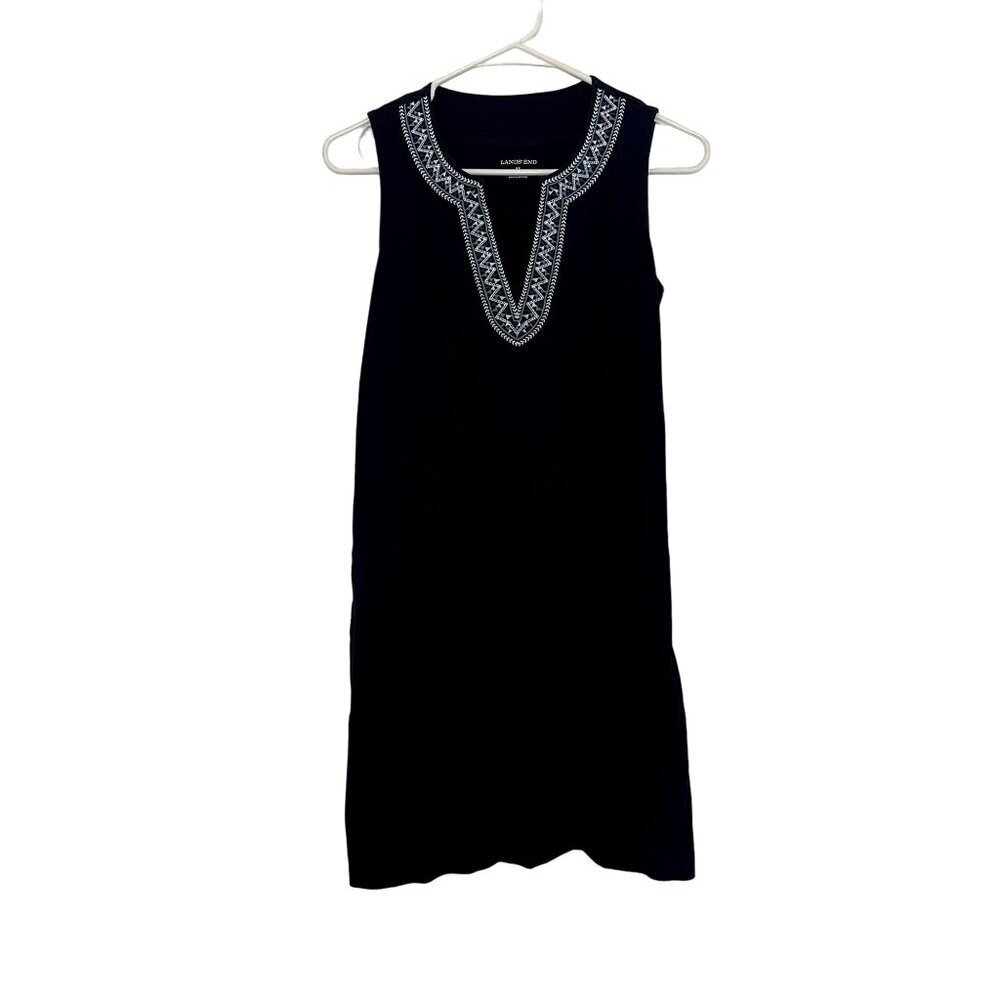 Lands' End navy blue v-neck tribal boho design dress sleeveless summer casual